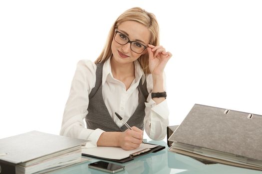 business woman with folder on desk workin isolated on white background