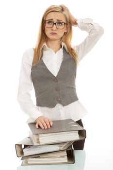 business woman with folder on desk workin isolated on white background