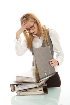 business woman with folder on desk workin isolated on white background