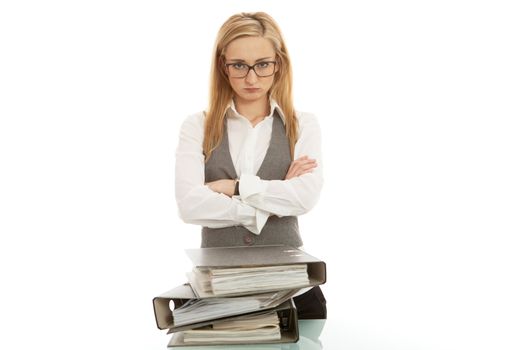 business woman with folder on desk workin isolated on white background