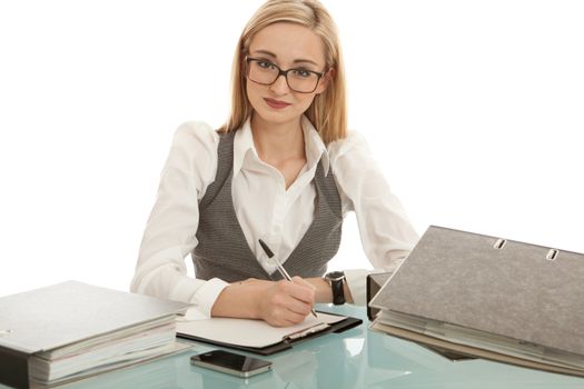 business woman with folder on desk workin isolated on white background