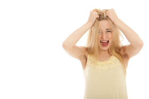 young beautiful blonde woman emotion isolated on white background