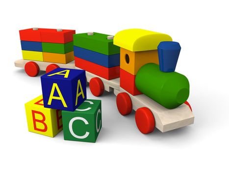 3D illustration of colorful wooden toy train and blocks with letters of alphabet