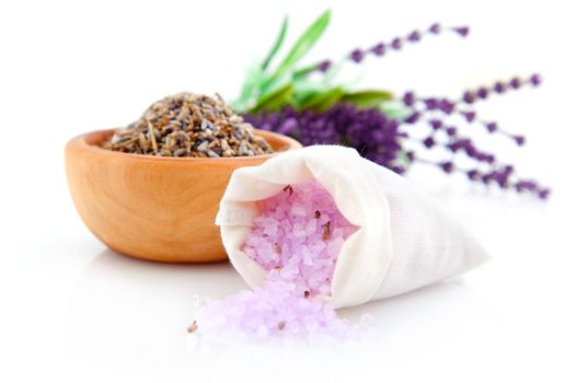 dry Lavender herbs and bath salt  isolated on white background