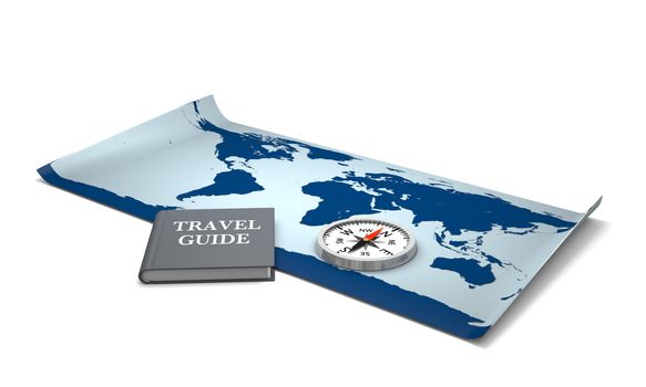 Concept of traveling with world map, compass and travel guide book. World map provided by visibleearth.nasa.gov