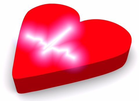 Concept of red heart with schematic representation of normal (healthy) electrocardiogram wave intensively glowing with white color. Symbolic heart is rendered diagonally and whole scene is isolated on white background.