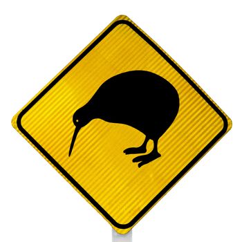 New Zealand Road Sign: Attention Kiwi Crossing isolated on white background