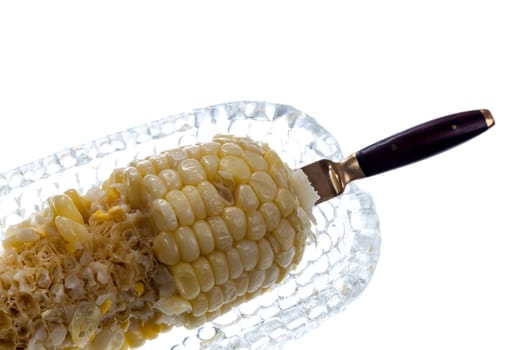 Half eaten cooked sweetcorn husk in glass dish isolated against white