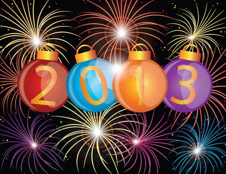 2013 Happy New Year Christmas Ornaments with Fireworks Display Background Illustration