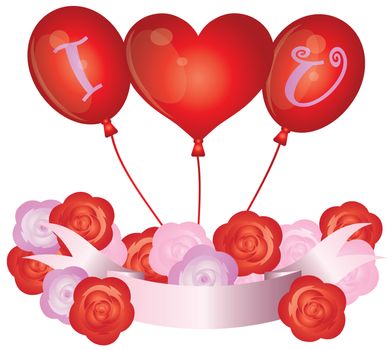 I Love You Heart Balloons with Roses and Banner Illustration