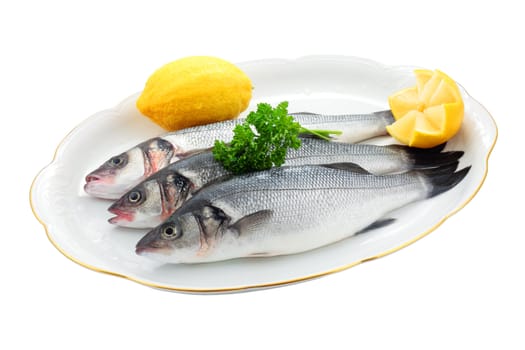 three sea bass dish with lemon and parsley freshly caught trimmed and isolated