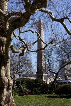 View of Cleopatra's Needle from Embankment Gardens in London