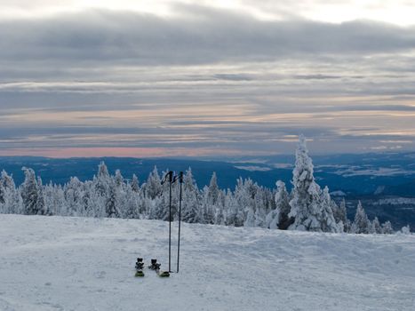 Skis and poles ready to go skiing