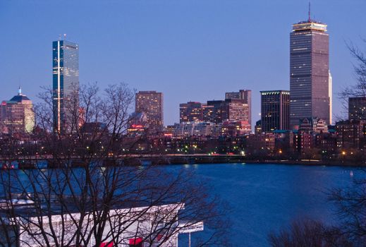 Boston's Back Bay skyline and Charles River at dusk