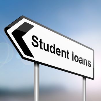 illustration depicting a sign post with directional arrow containing a student loans concept. Blurred background.