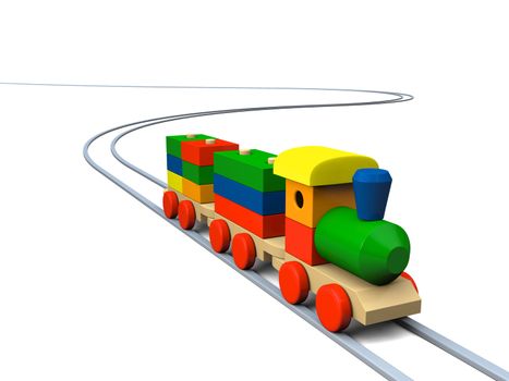 3D illustration of colorful wooden toy train on rails