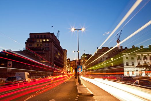 London Cityscape with Road Light Trail at dusk using for City Lifestyle transportation