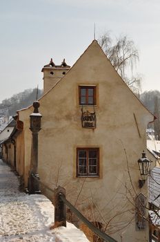 European narrow street in historical Cesky Krumlov