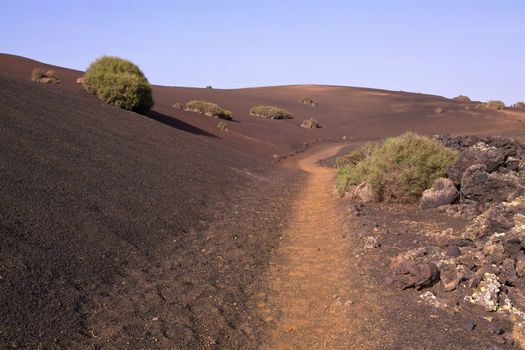 Trekking path in volcanic park Timanfaya on island of Lanzarote, Canary Islands