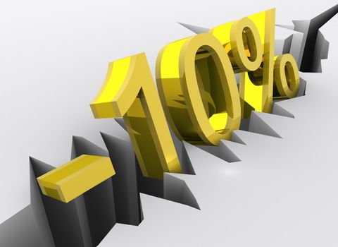 Concept of 10 percent discount portrayed by golden 3d number (minus ten percent) rendered and isolated on white background with slight reflection in the ground.