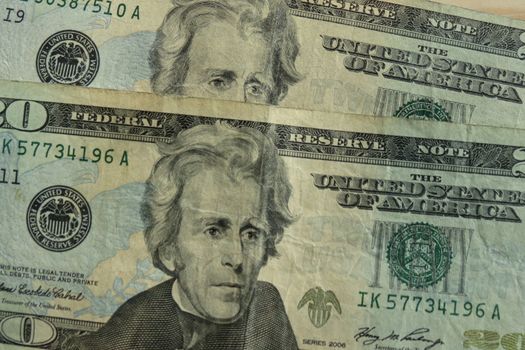 US dollar banknotes - twenty-dollar bill featuring President Andrew Jackson (1829-1837) on the front side