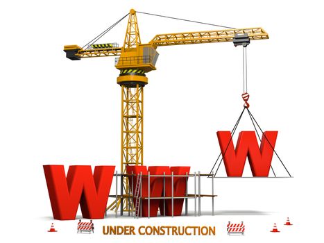 Concept of website under construction with orange tower crane, isolated on white background