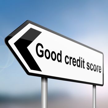 illustration depicting a sign post with directional arrow containing a credit score concept. Blurred background.