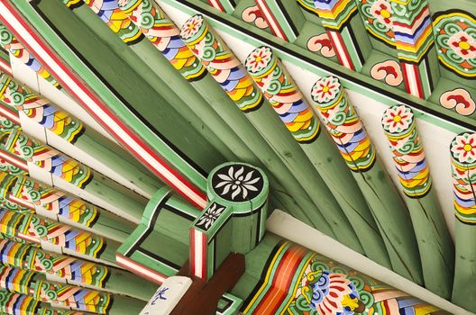 detail of wooden painted palace building seoul south korea