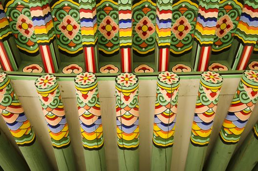 detail of wooden painted palace building seoul south korea