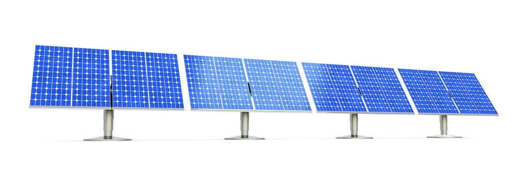 3D rendered Illustration. A line of solar panels, isolated on white.