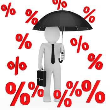 businessman with umbrella falling red sale percent