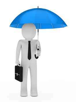 businessman with briefcase hold a blue umbrella