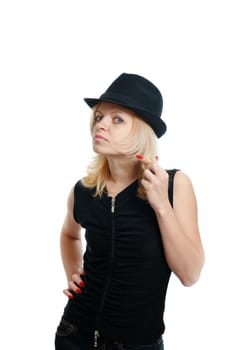 Real woman in black hat isolated on white background