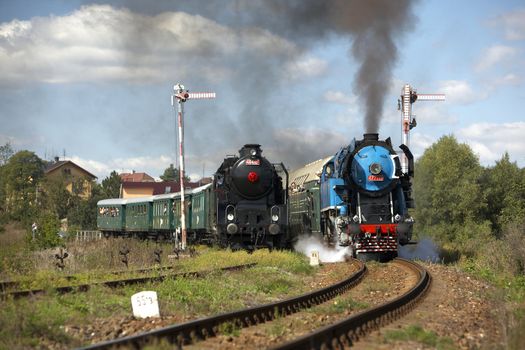 steam trains from Krupa station, steam locomotive called Parrot 477.043 and locomotive 464.102, Czech Republic