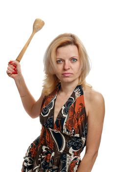 very angry housewife with rolling pin on a white background