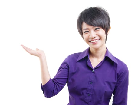 Excited mixed race Asian woman showing her empty palm on white background