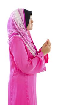 Female Muslim prayer on white background 