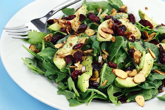 Healthy spinach and arugula salad with cilantro, dried cranberries, spiced almonds and avocados served with a lite vinaigrette.
