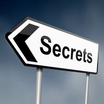 illustration depicting a sign post with directional arrow containing asecrets concept. Blurred background.