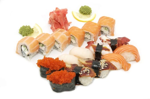 Japanese sushi fish and seafood on white background