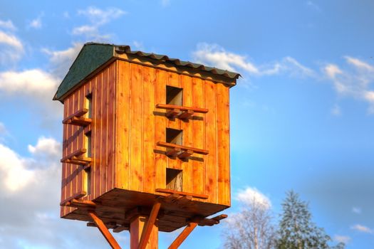 wooden house for pigeons up on a pile