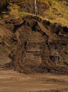 Dirt and tire tracks near the road