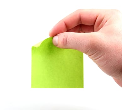 Hand and note paper isolated on white background.