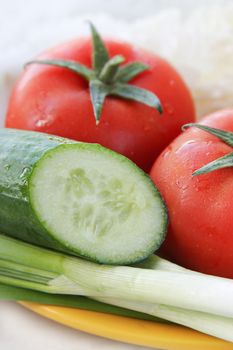 Salad ingredients with tomato, onion and cucumber