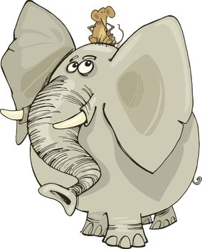 cartoon illustration of funny elephant with mouse on his head