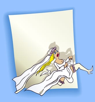 cartoon design illustration with blank page and running bride