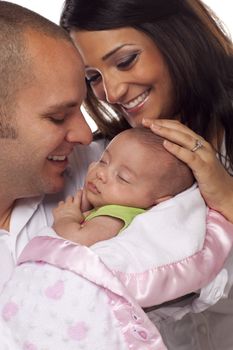 Happy Young Attractive Mixed Race Couple with Newborn Baby.