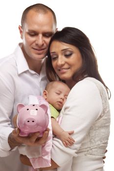 Attractive Young Mixed Race Parents with Baby Holding Piggy Bank on a White Background.