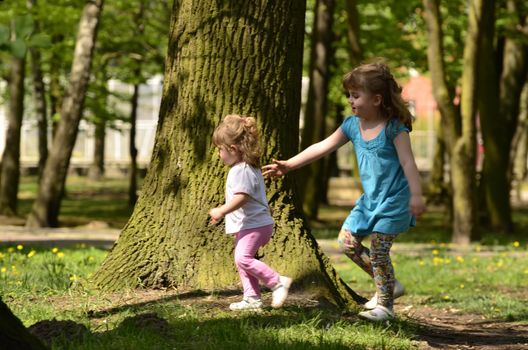 The picture shows two sisters, happy and playful at the time having fun in the park.