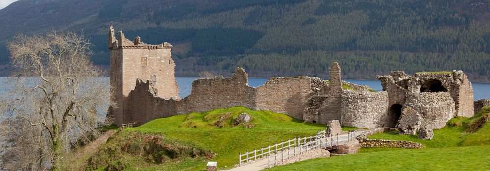 Panorama Ruins of Urquhart Castle near Loch Ness Inverness Highlands Scotland UK